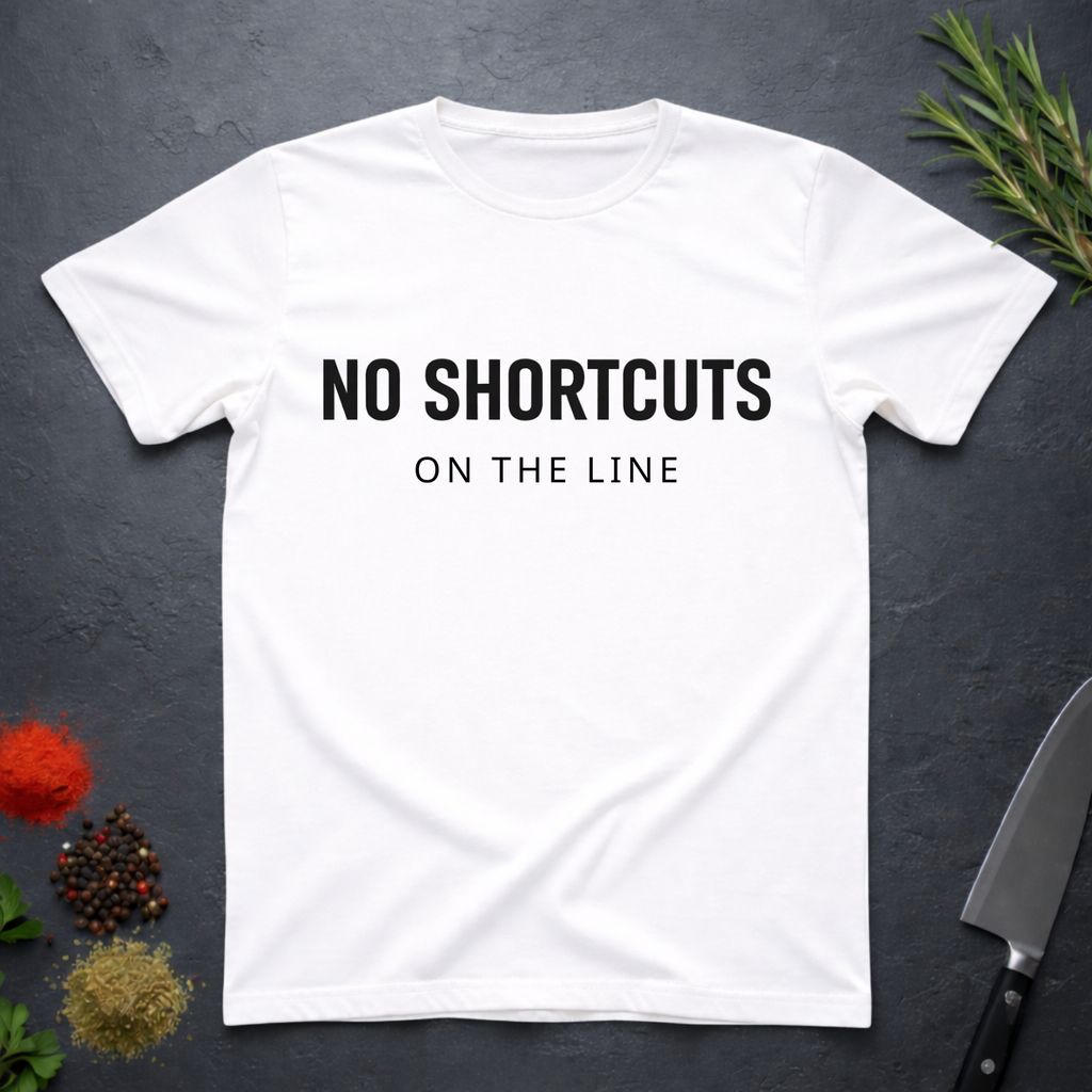 White t-shirt with 'NO SHORTCUTS ON THE LINE' text on a dark surface with decorative elements.