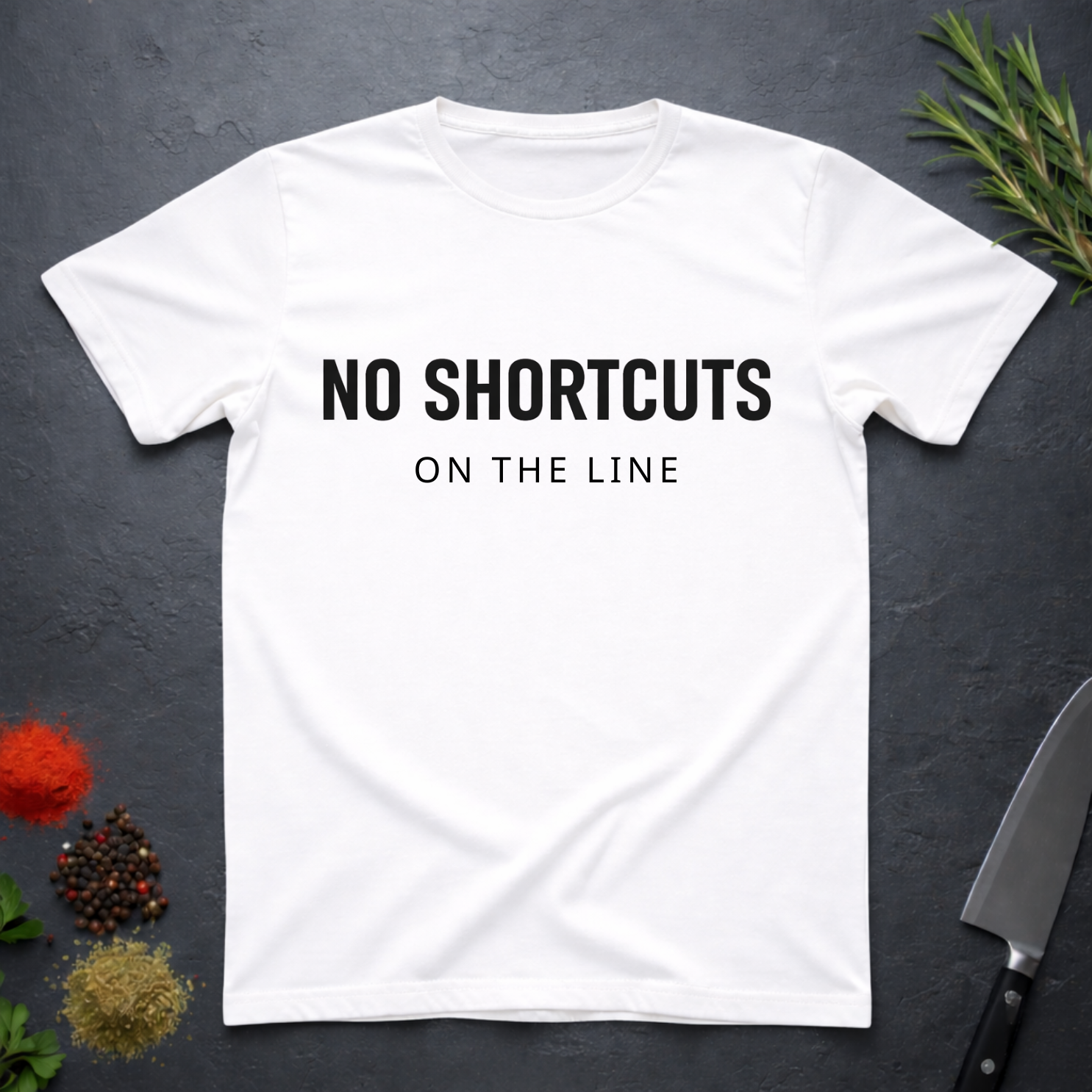 White t-shirt with 'NO SHORTCUTS ON THE LINE' text on a dark surface with decorative elements.